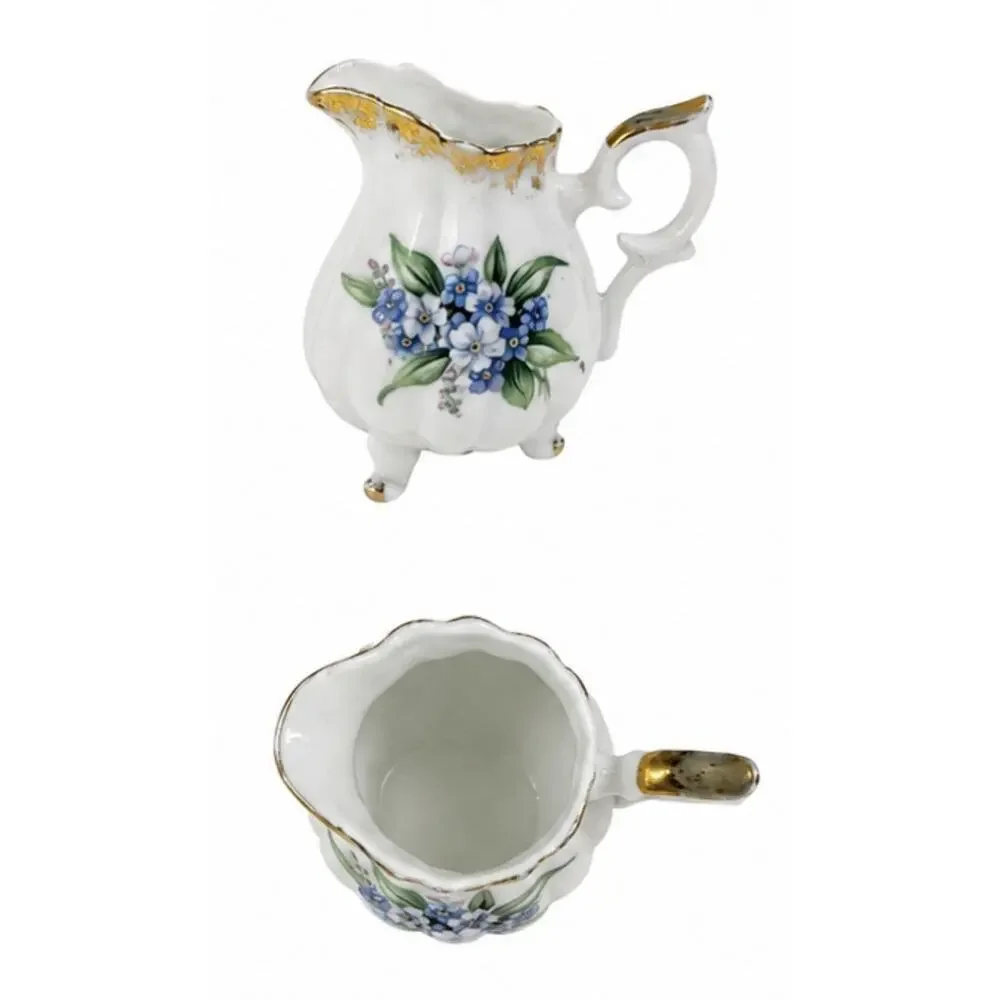Vintage Forget-Me-Not Porcelain Creamer & Covered Sugar Bowl Set Gold Trim